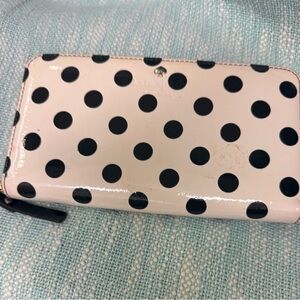 kate spade Pink and Black Polka Dot Patent Zip Wallet